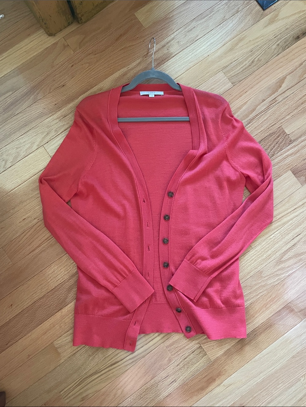 LOFT Coral-Red Lightweight Button Cardigan
